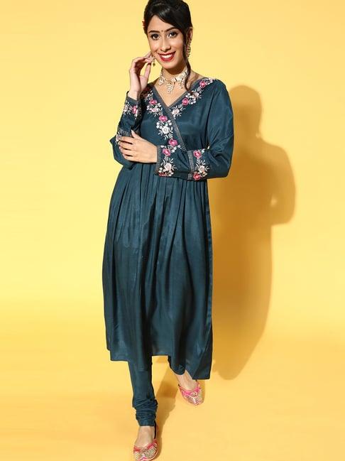 jaipur kurti teal green embroidered kurta churidar set