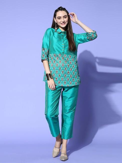 jaipur kurti teal green printed tunic pant set