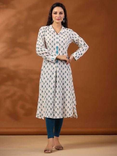 jaipur kurti turquoise & white cotton printed a line kurta