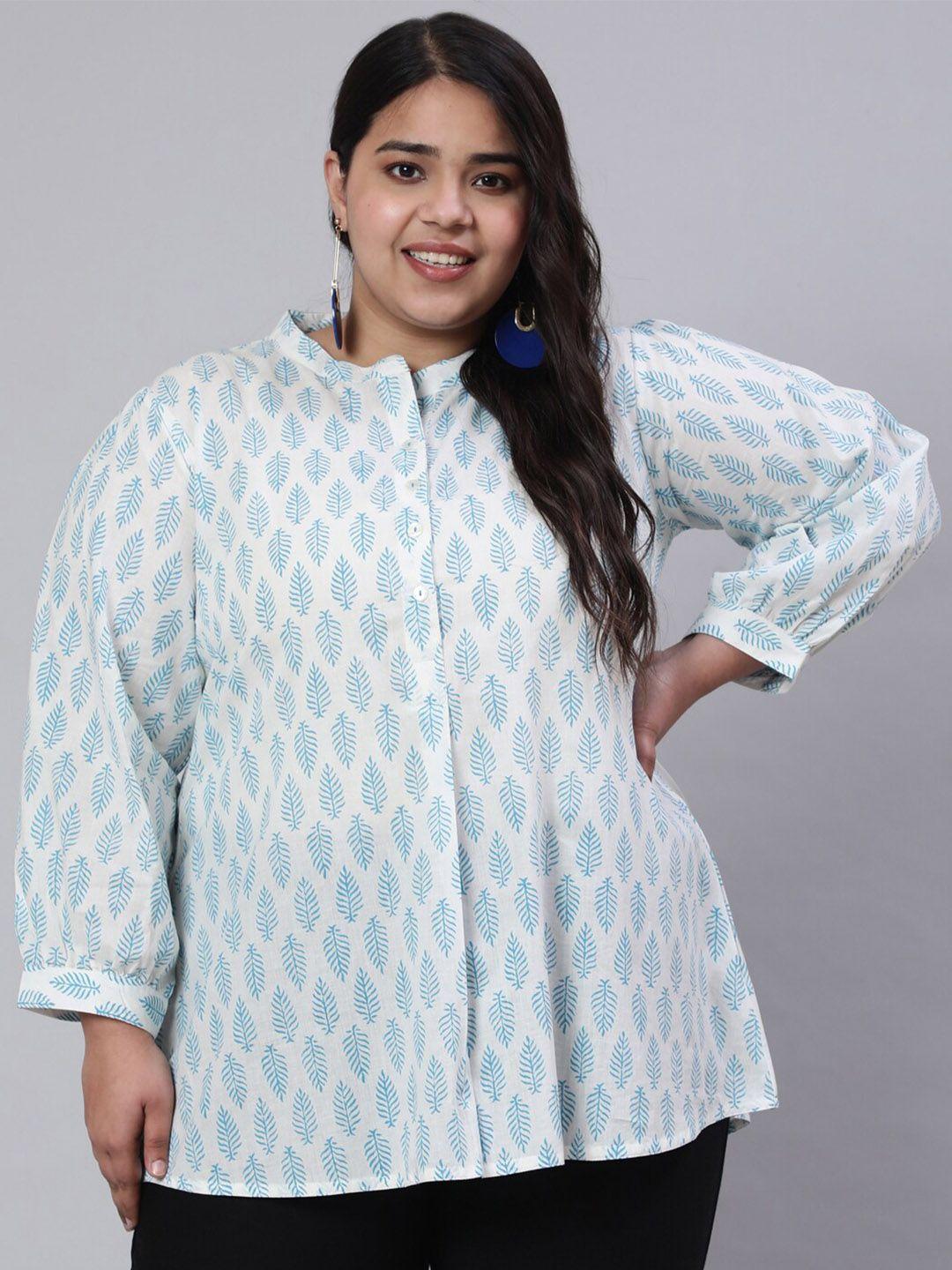 jaipur kurti turquoise blue plus size ethnic motifs printed cotton shirt style top