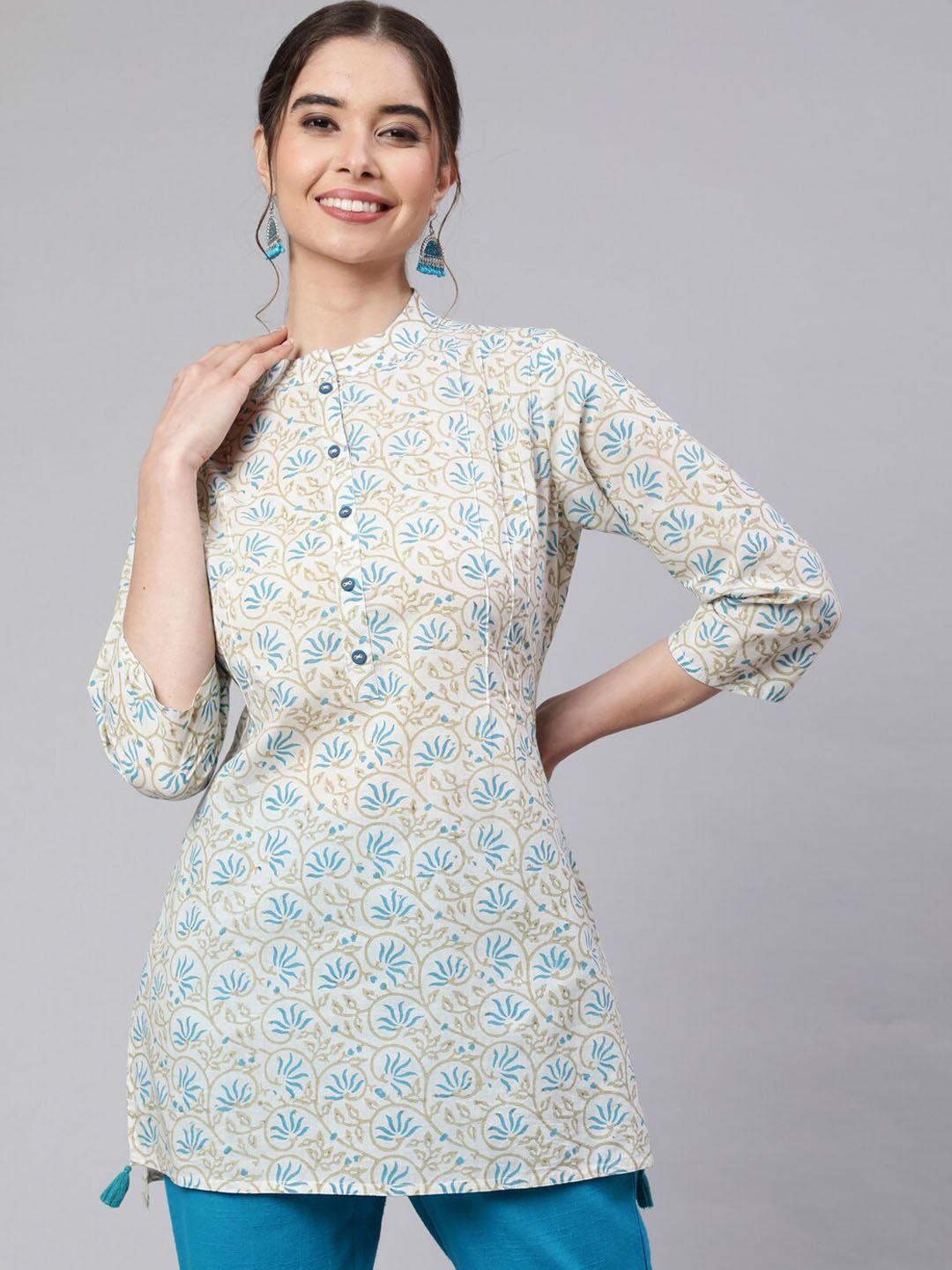 jaipur kurti white & blue floral printed mandarin collar pure cotton kurti