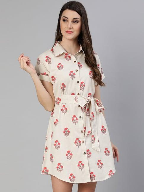 jaipur kurti white & red cotton floral print shirt dress