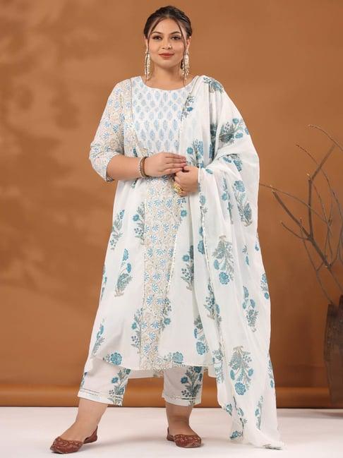 jaipur kurti white & turquoise cotton printed plus size kurta with pant & dupatta