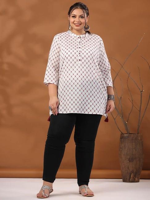 jaipur kurti white cotton printed plus size straight short kurti