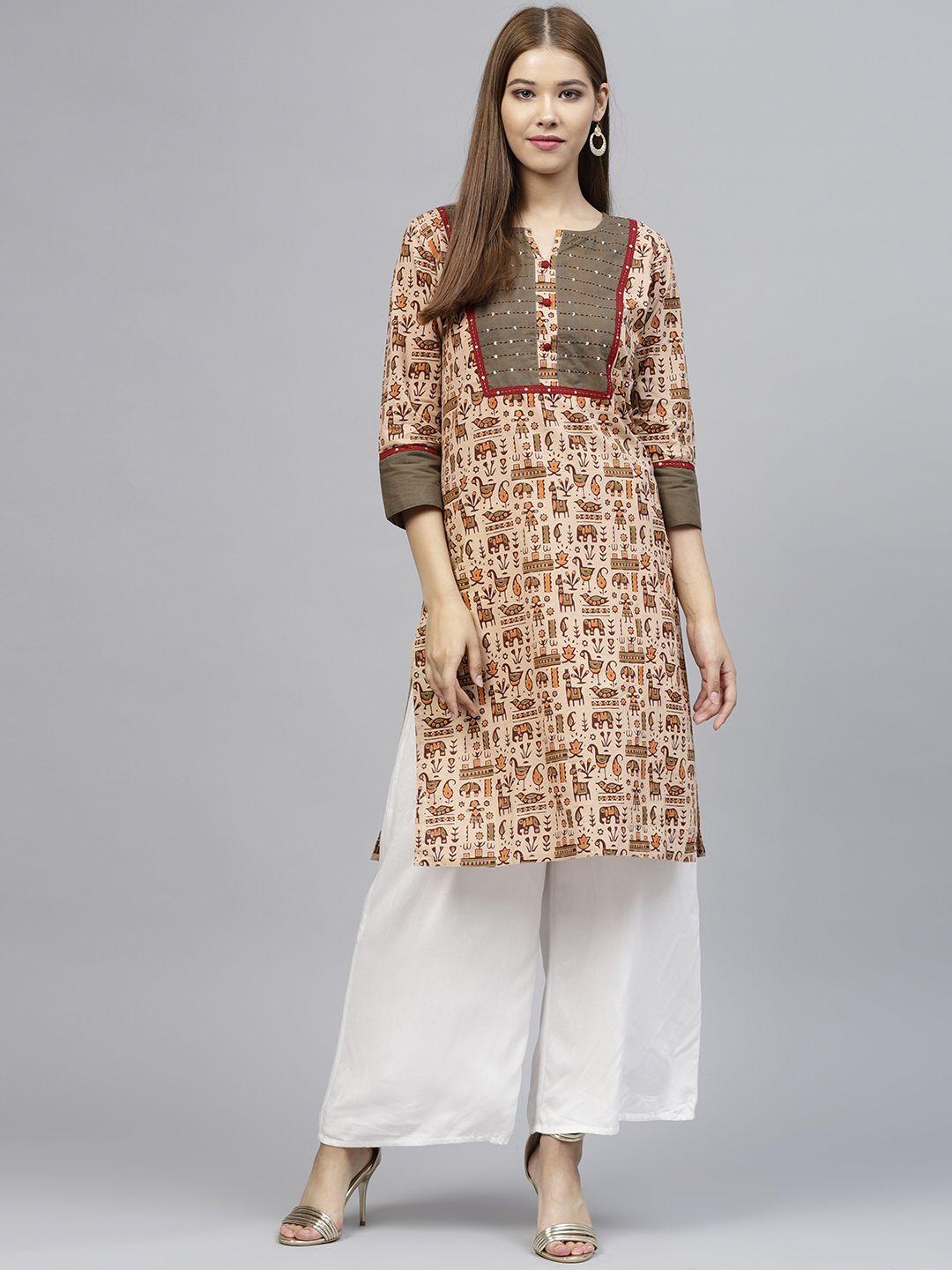 jaipur kurti women beige & green printed straight kurta