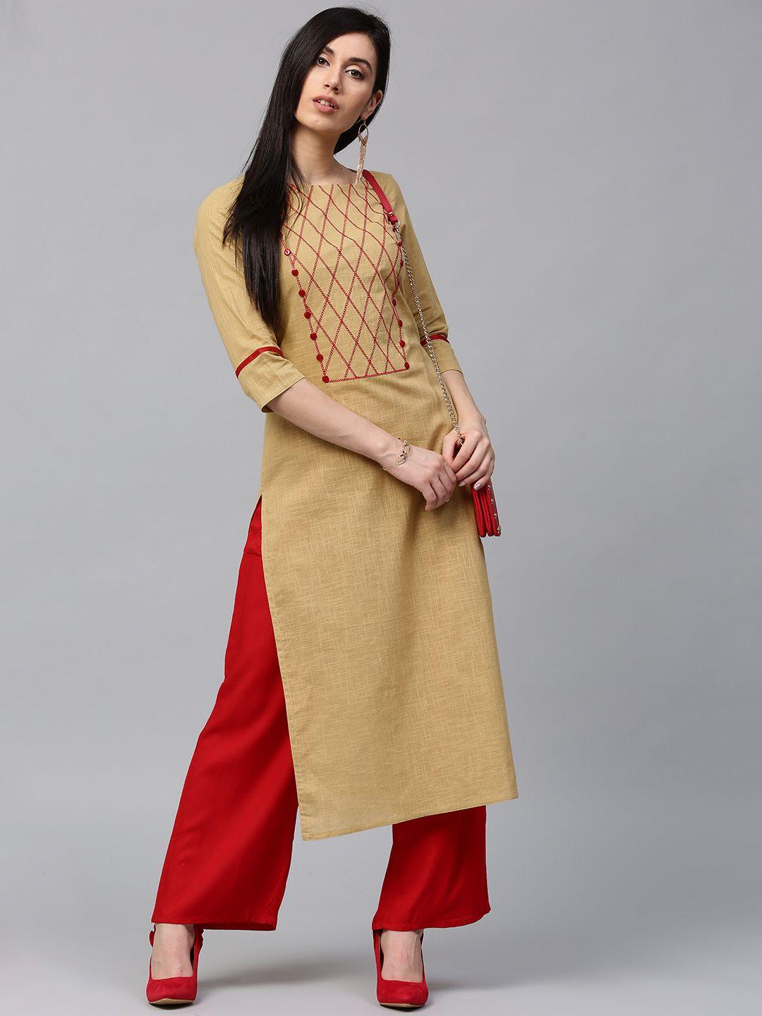 jaipur kurti women beige & red embroidered kurta with palazzos