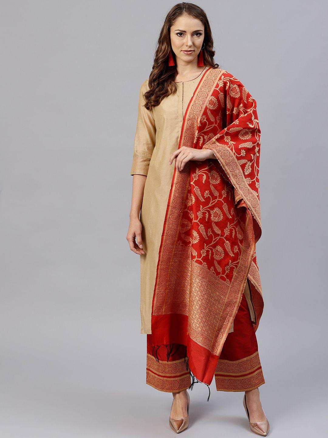 jaipur kurti women beige & red solid kurta with palazzos & dupatta