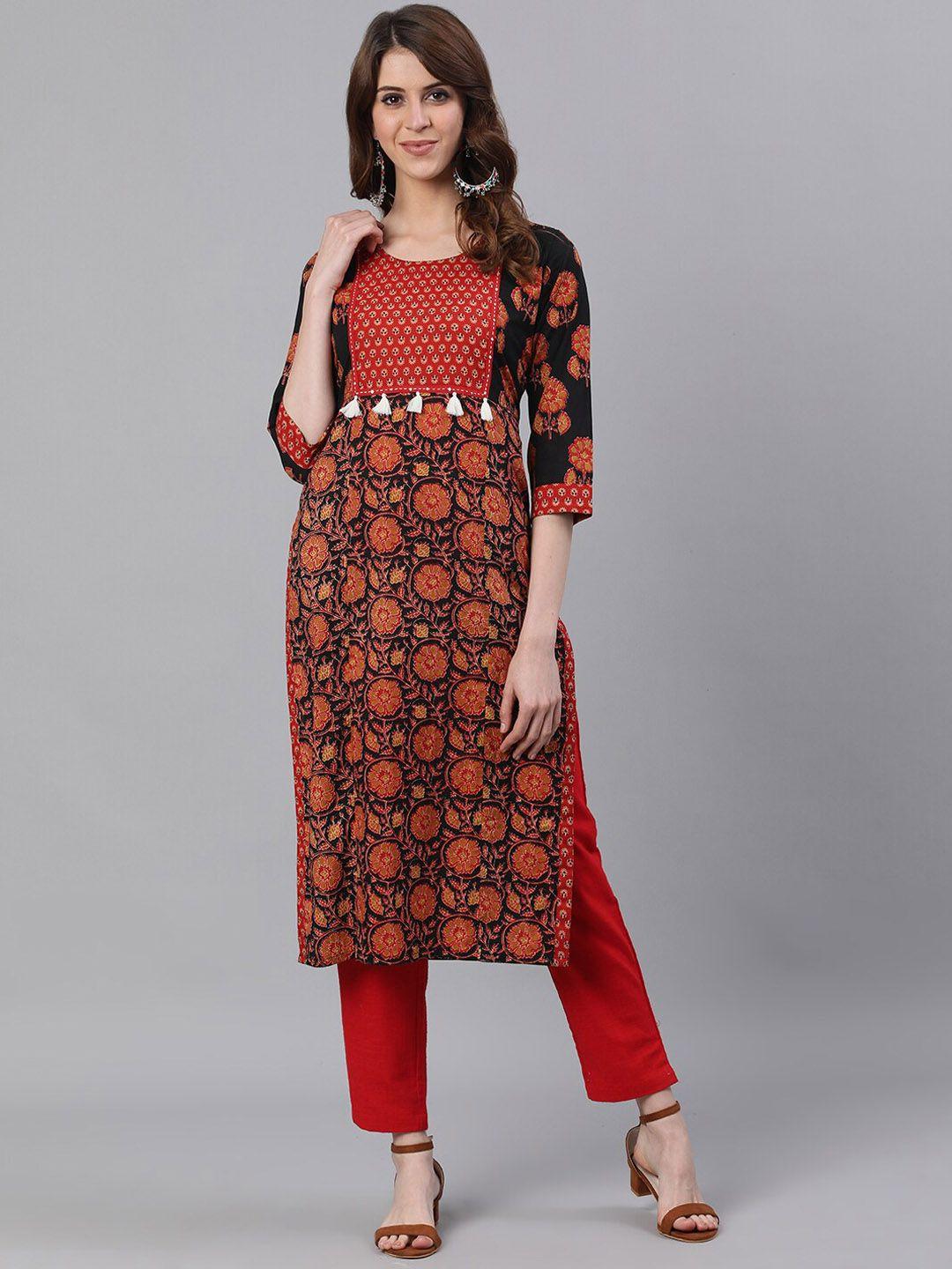 jaipur kurti women black & red printed kurta with trousers