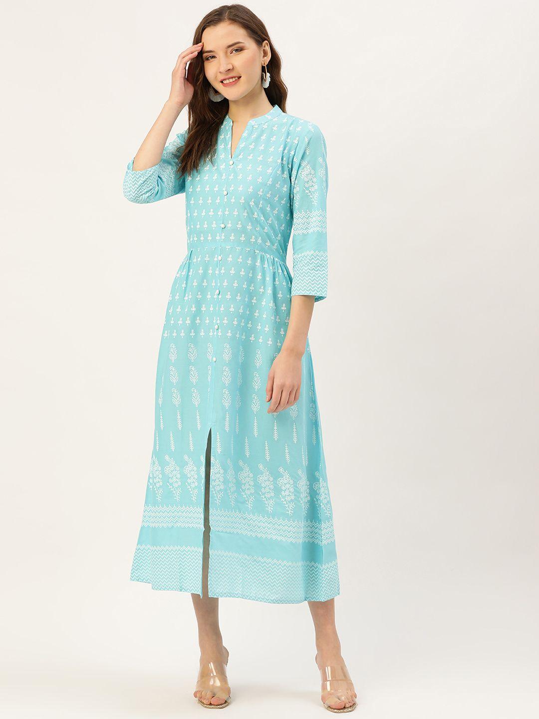 jaipur kurti women blue & white printed a-line dress