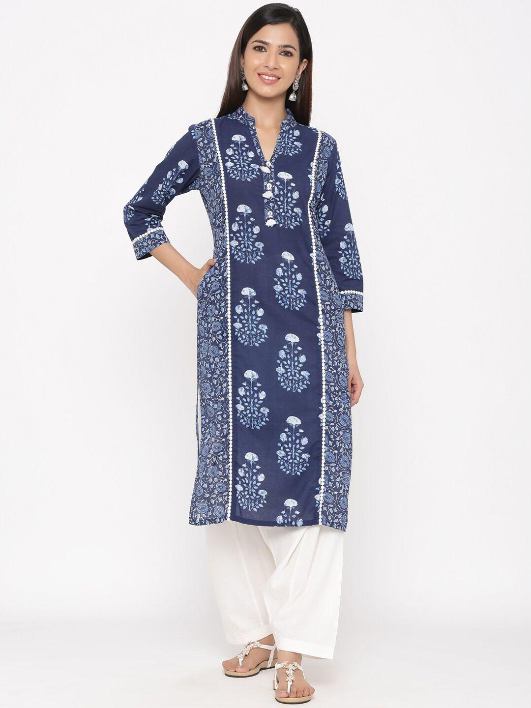 jaipur kurti women blue & white printed kurta with salwar & dupatta