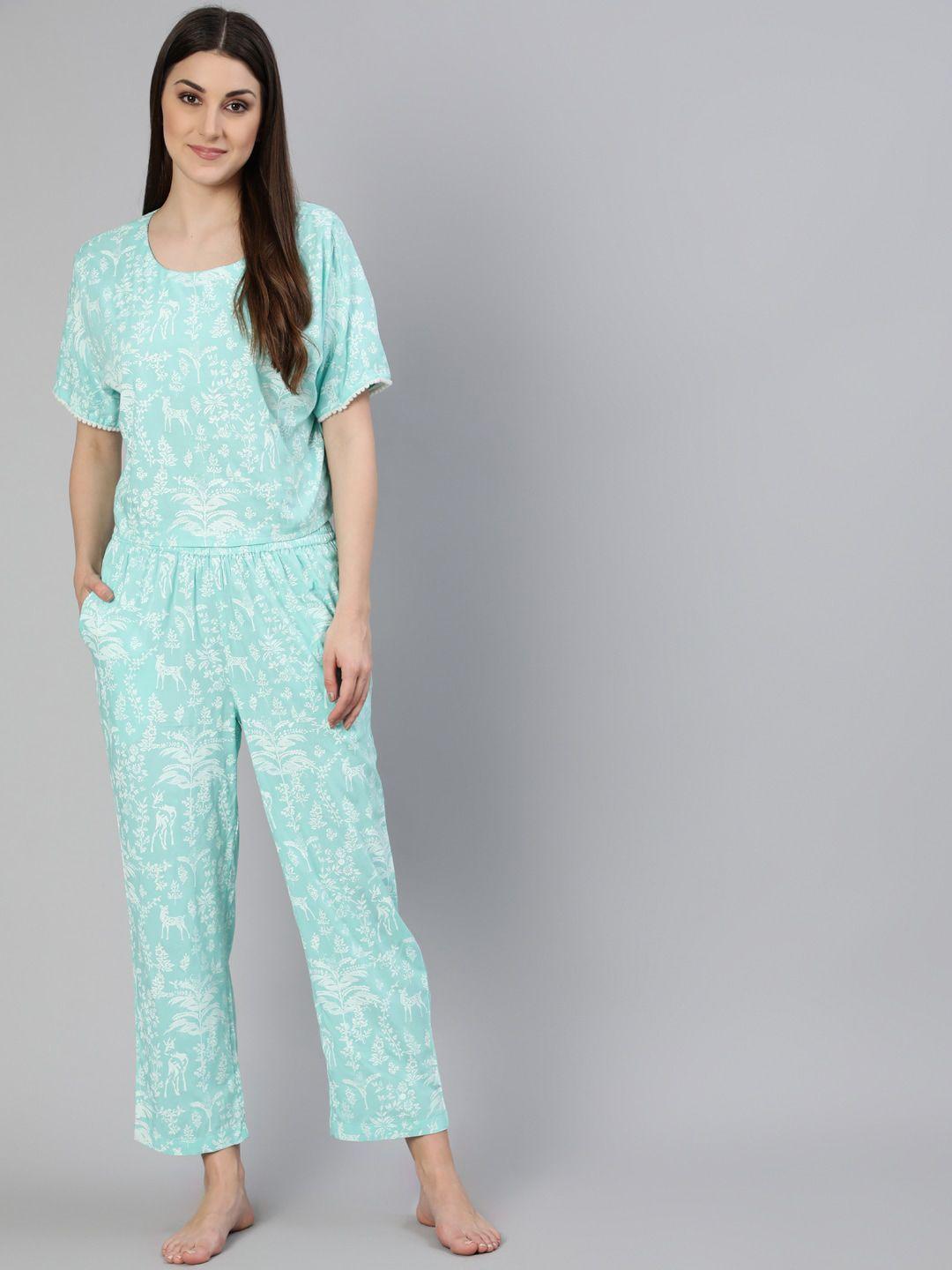 jaipur kurti women blue & white printed night suit