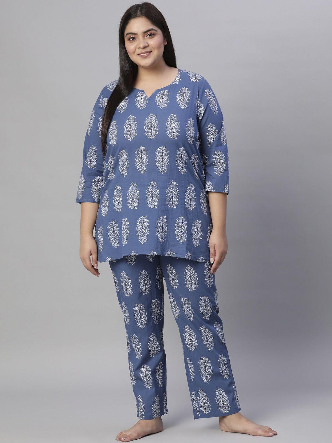 jaipur kurti women blue & white printed pure cotton night suit