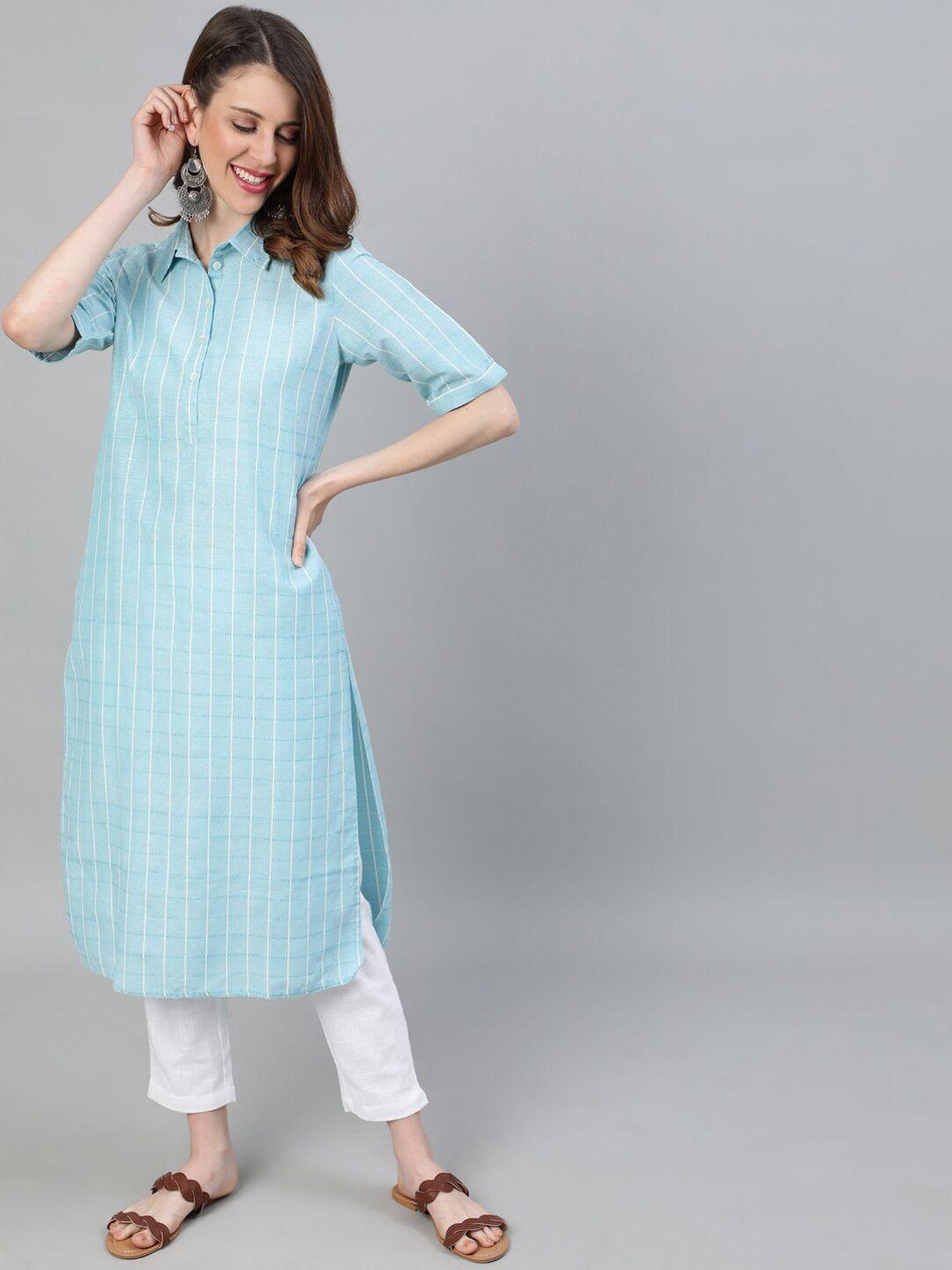 jaipur kurti women blue & white striped kurta with trousers