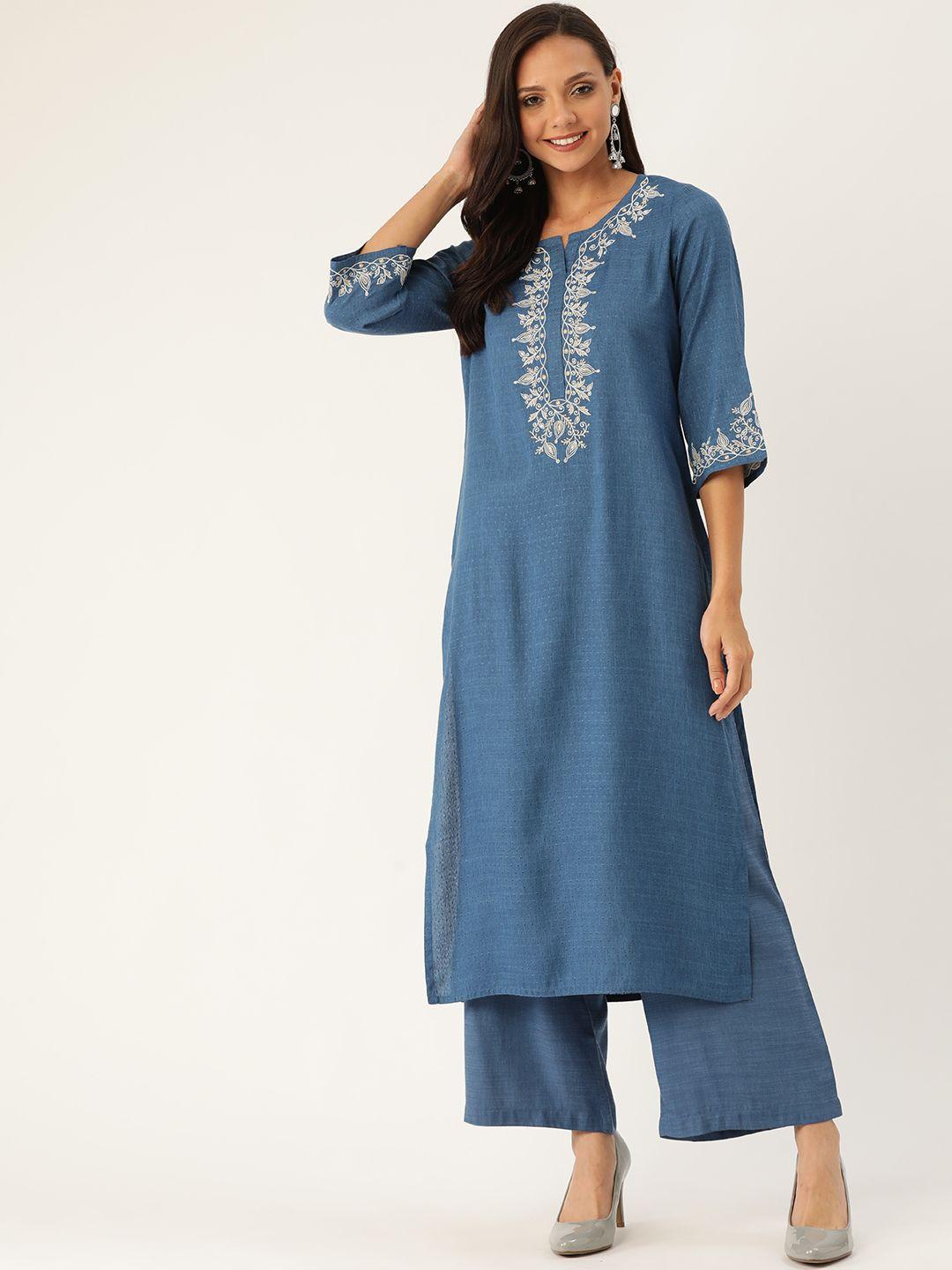 jaipur kurti women blue embroidered kurta with palazzos