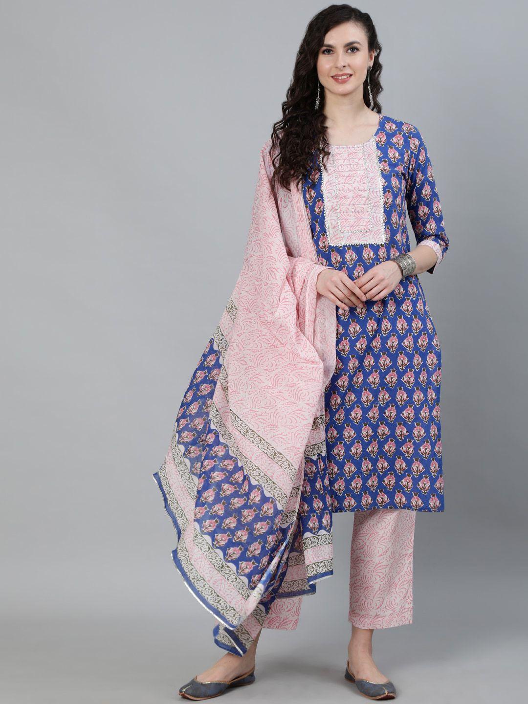 jaipur kurti women blue ethnic motifs printed pure cotton kurta with trousers & dupatta