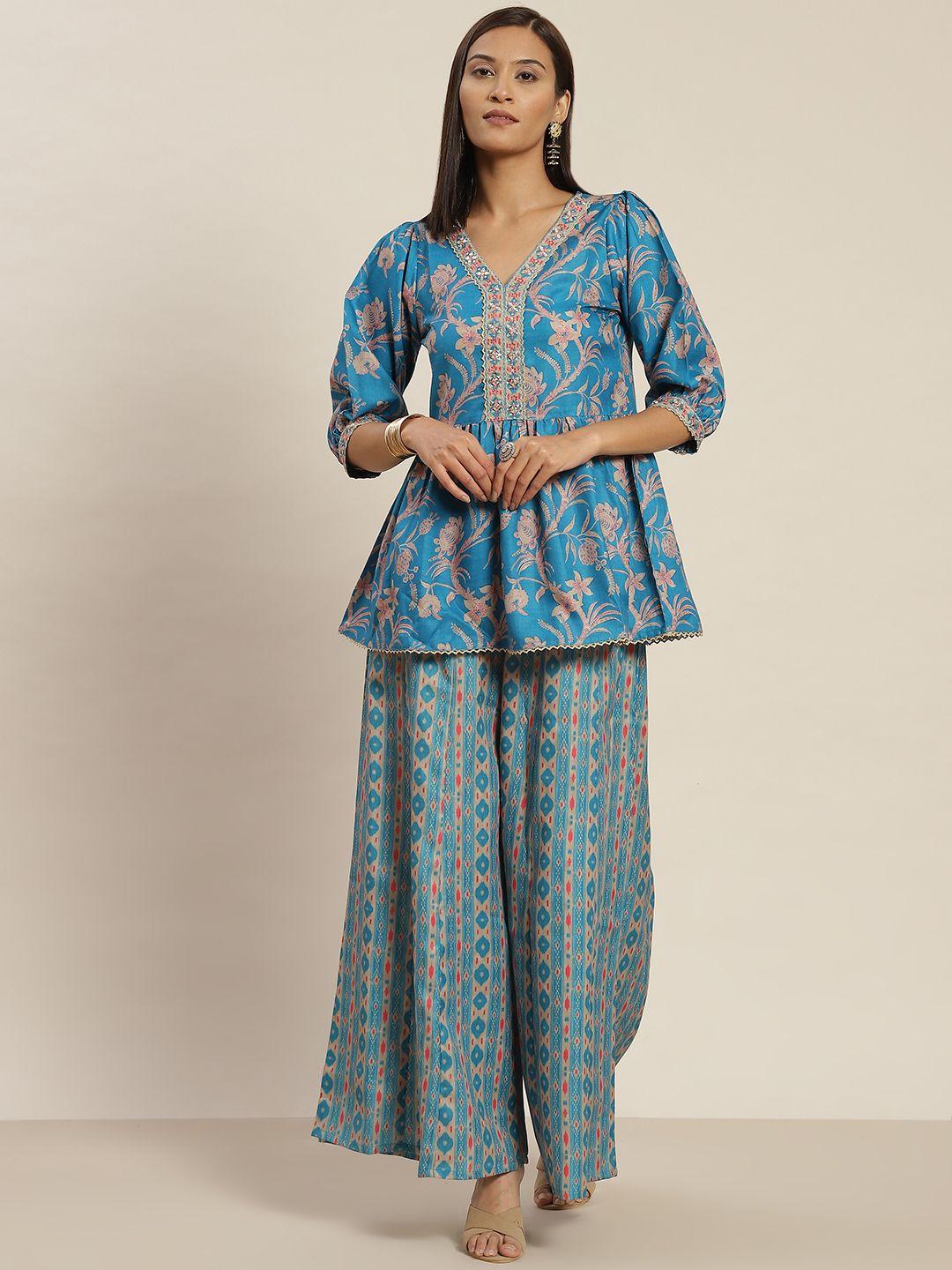 jaipur kurti women blue floral printed pleated sequinned peplum top with palazzos