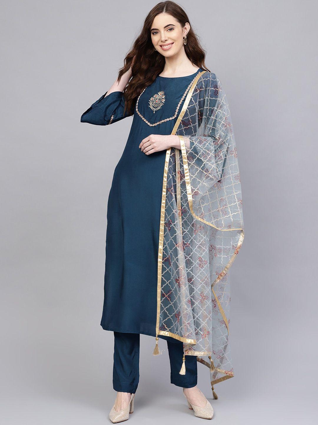 jaipur kurti women blue yoke design panelled kurta with palazzos & with dupatta