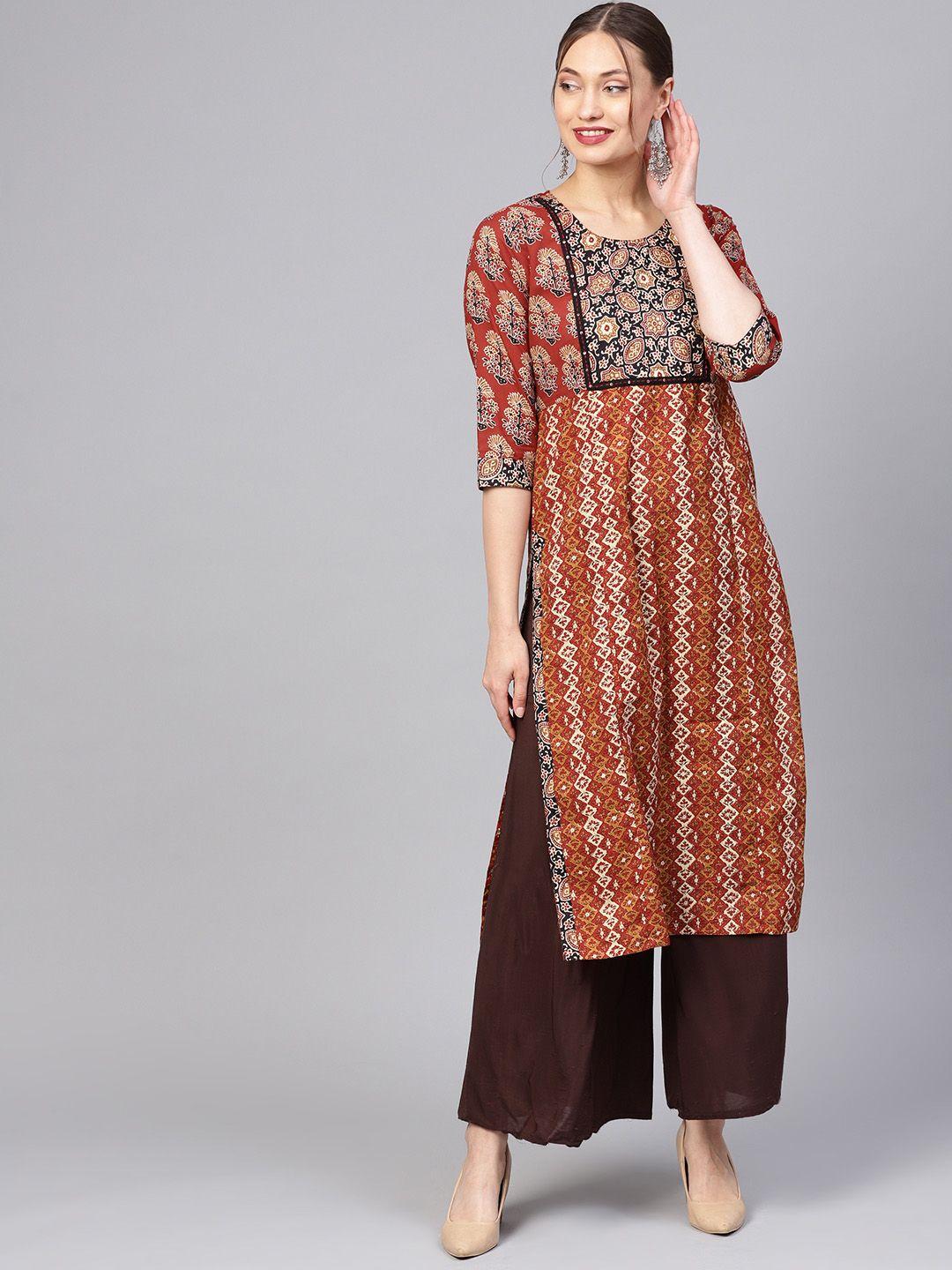 jaipur kurti women brown & beige printed straight kurta