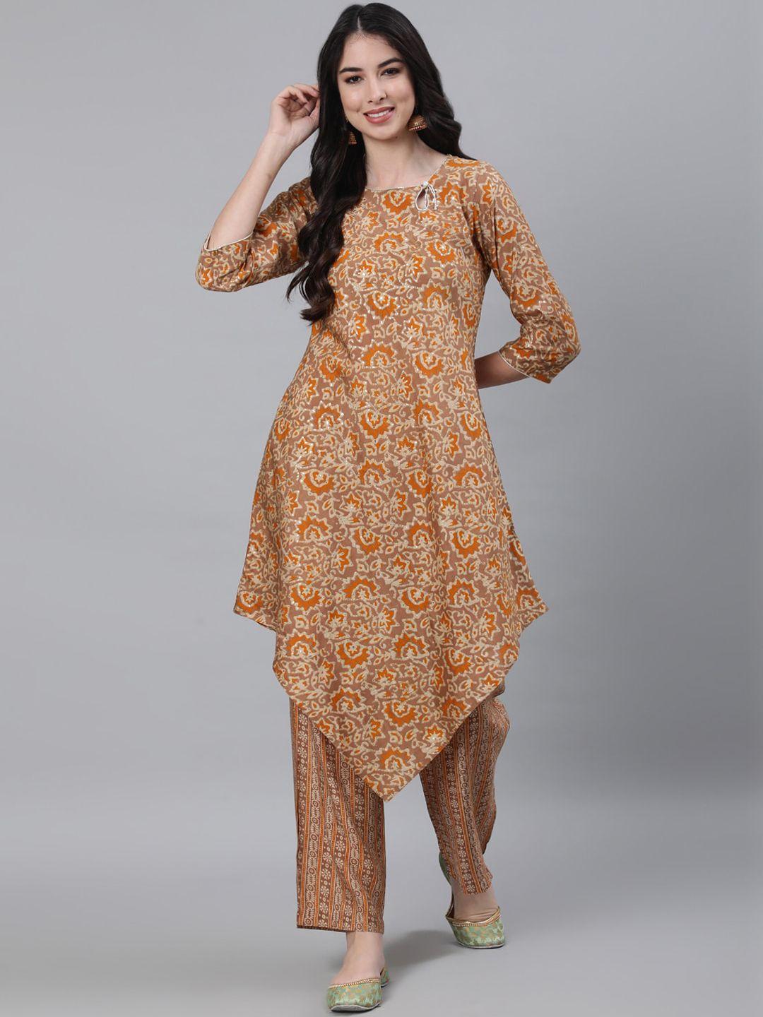 jaipur kurti women brown & mustard yellow printed chanderi cotton kurta with trousers