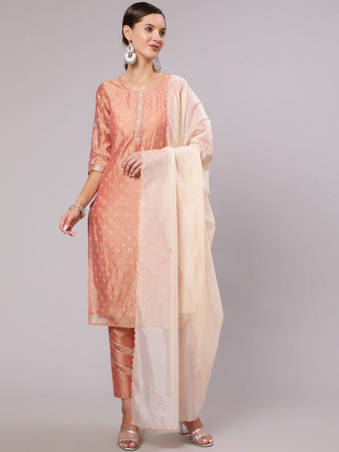 jaipur kurti women camel brown printed chanderi cotton kurta with trousers & dupatta