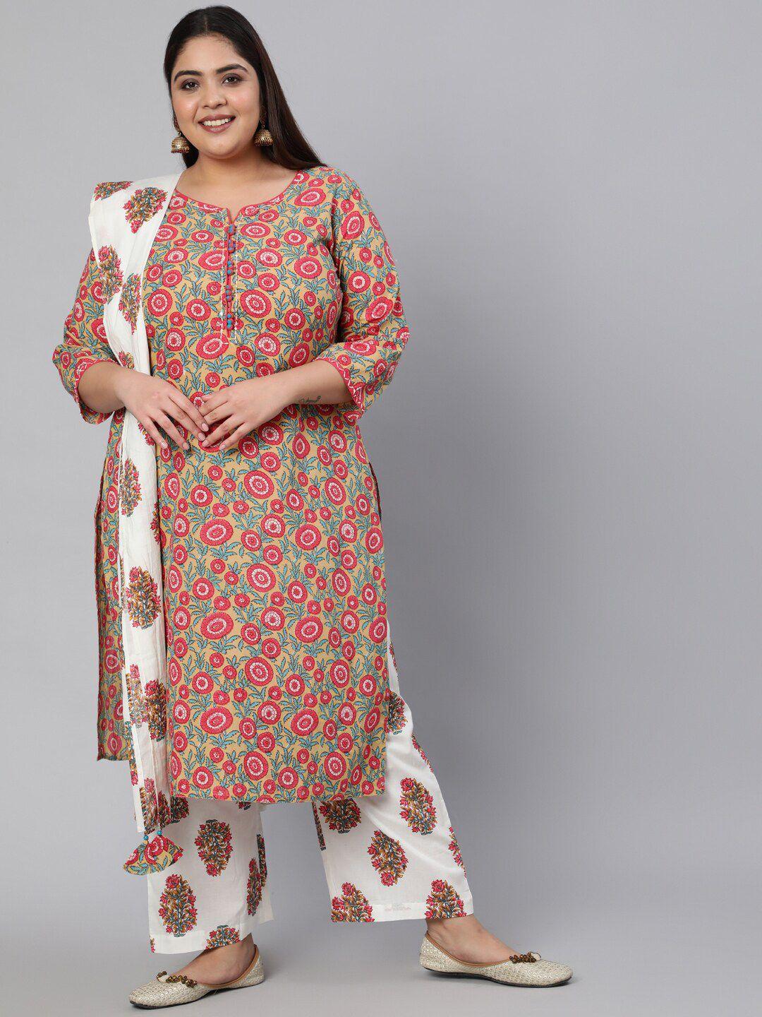 jaipur kurti women coral floral printed kantha work pure cotton kurta with trousers & with dupatta