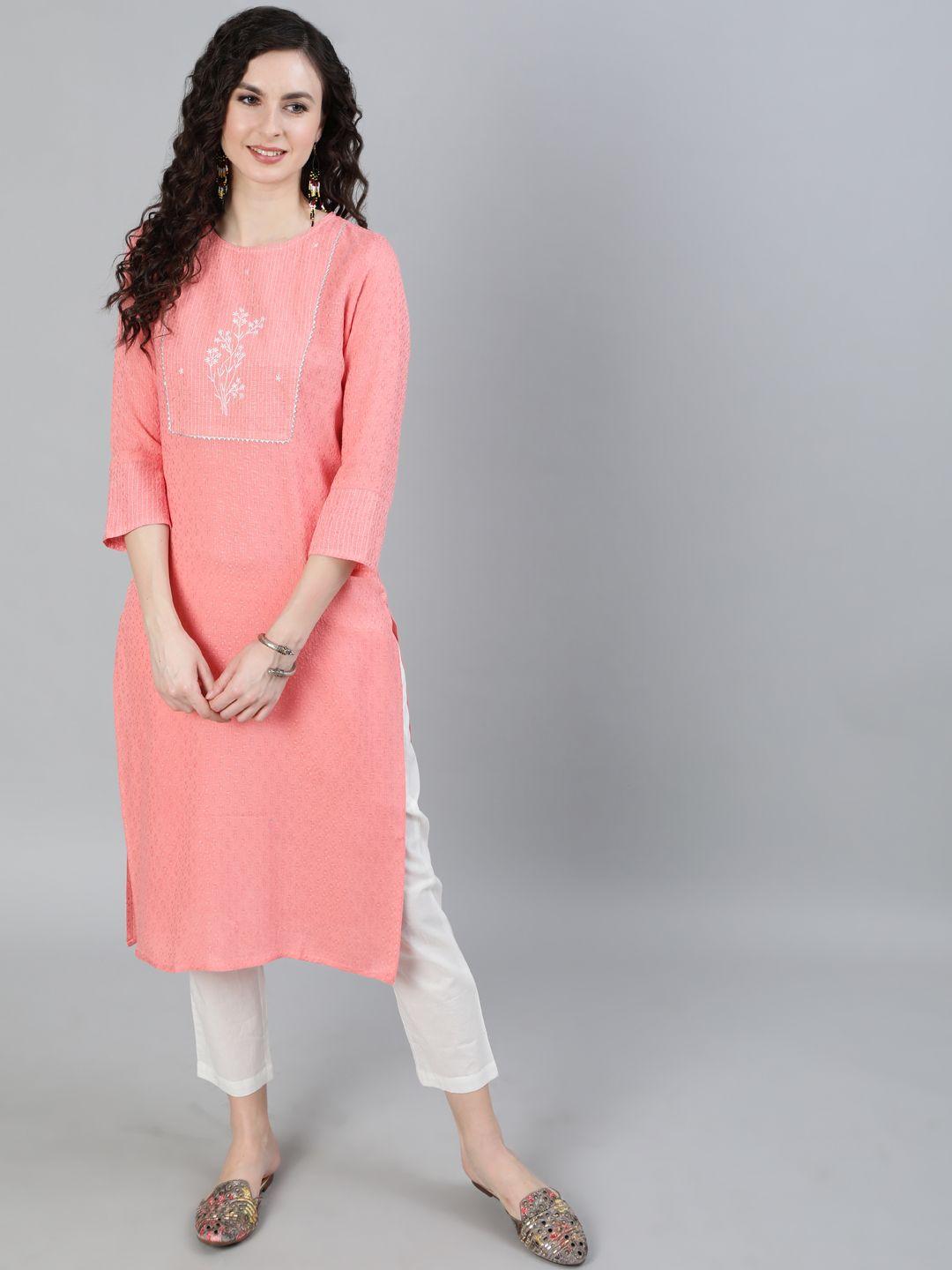 jaipur kurti women coral pink woven design straight kurta