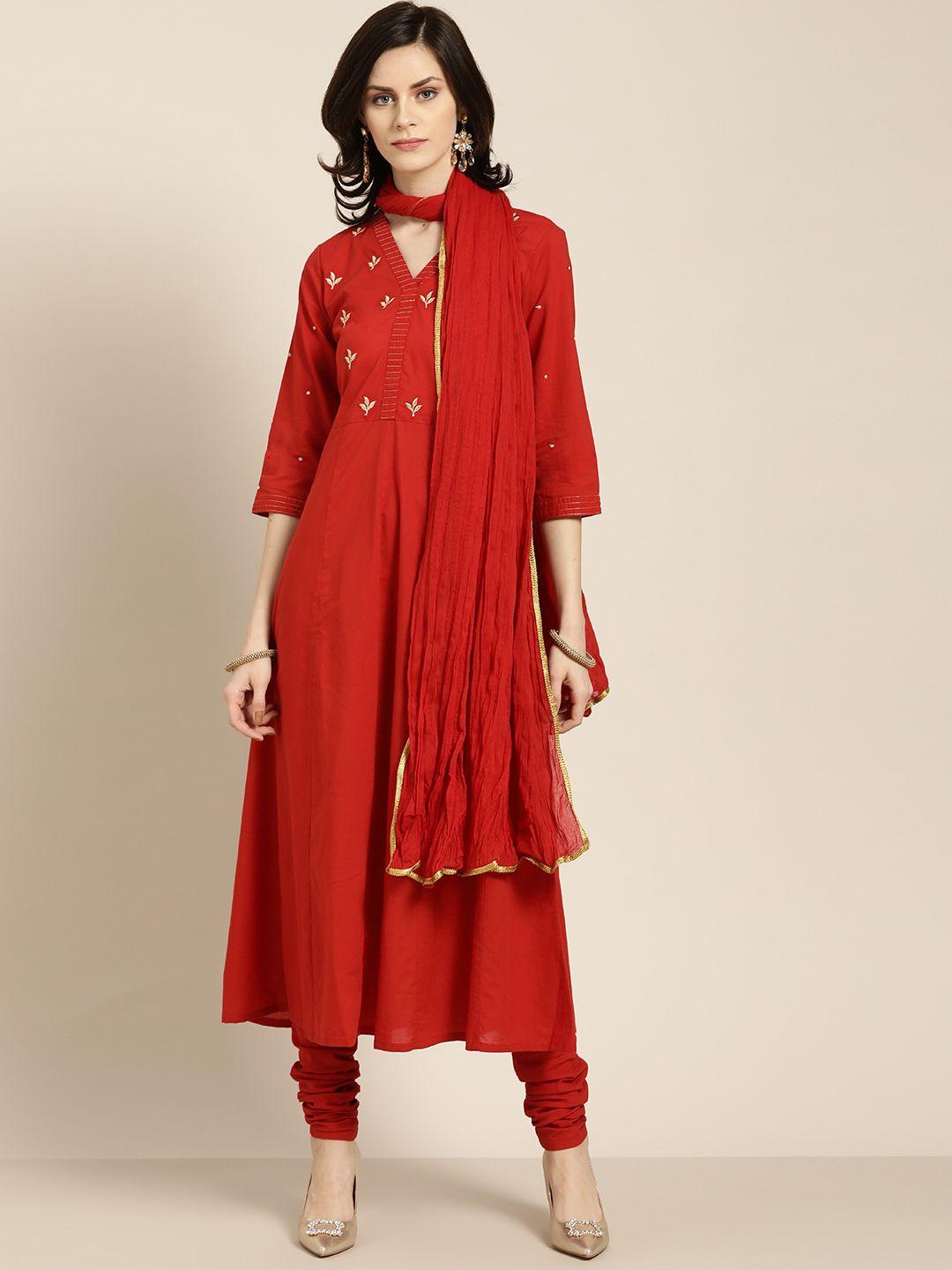 jaipur kurti women coral red & golden yoke design kurta with churidar & dupatta