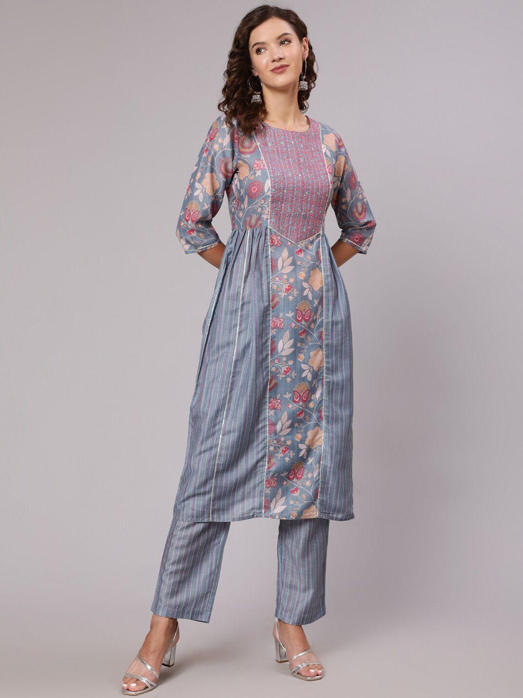 jaipur kurti women floral printed pleated silk blend kurta with trousers