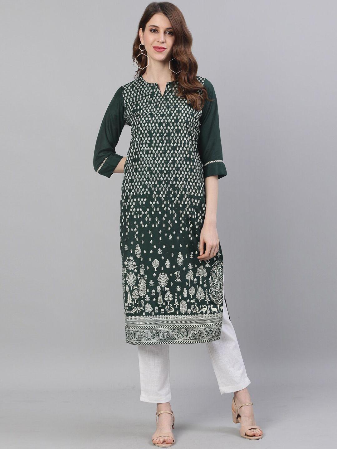 jaipur kurti women green & off-white printed kurta with trousers