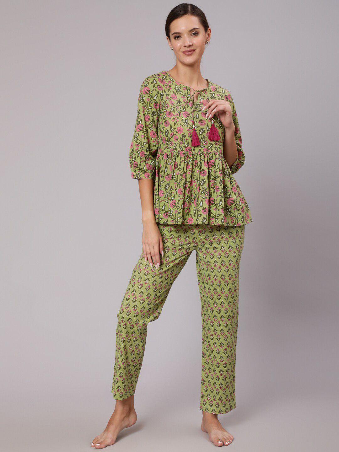 jaipur kurti women green & pink printed night suit