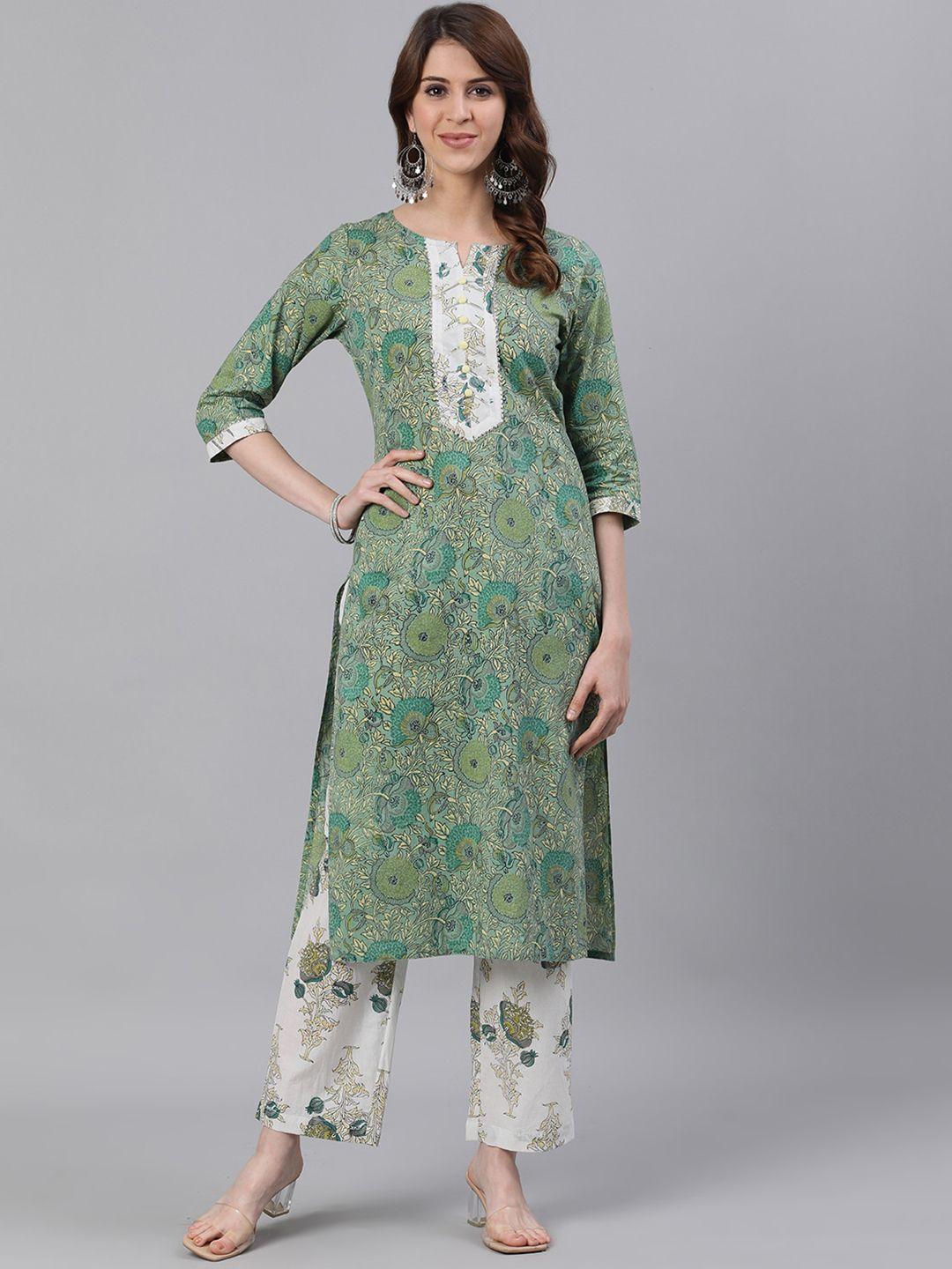 jaipur kurti women green & white printed kurta with palazzos