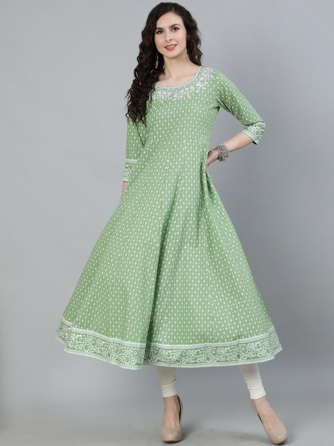 jaipur kurti women green and white ethnic motifs printed handloom anarkali kurta