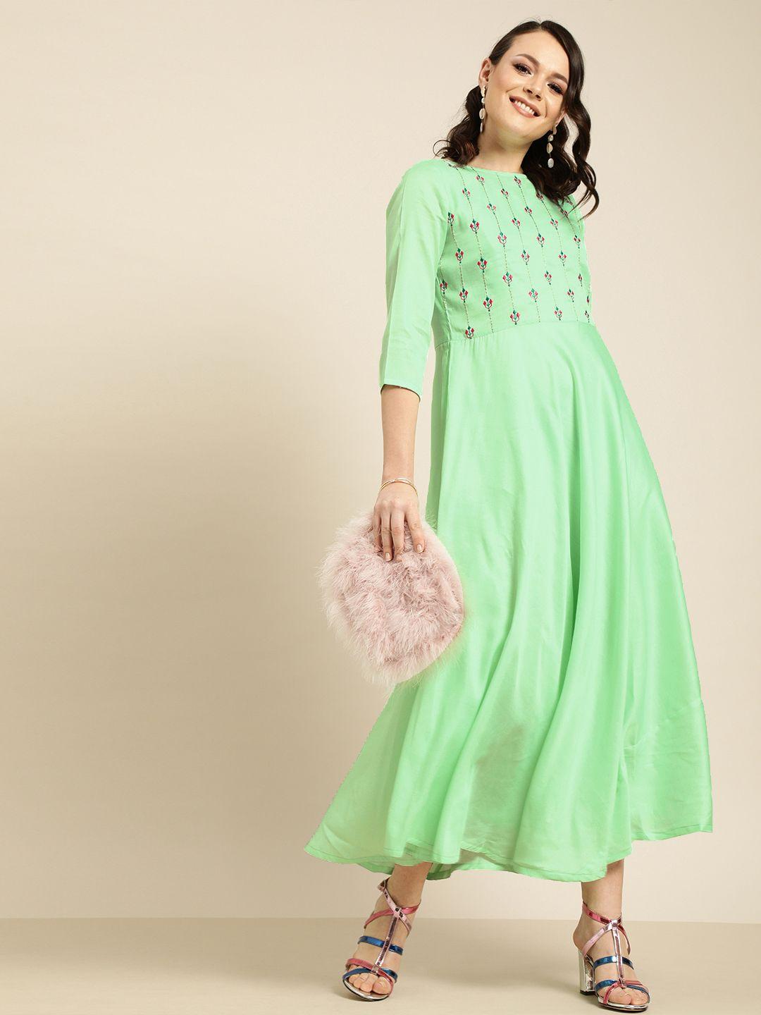 jaipur kurti women green embroidered fit and flare dress