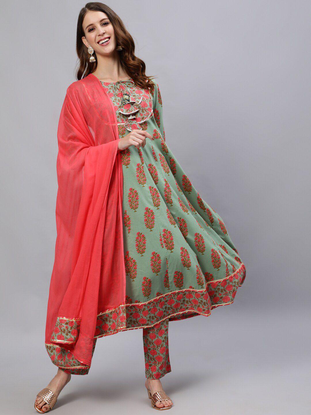 jaipur kurti women green floral printed empire pure cotton kurta with trousers & with dupatta