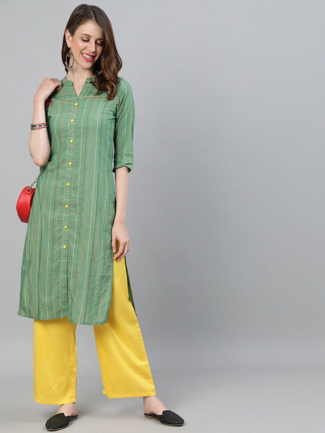 jaipur kurti women green geometric striped thread work kurta