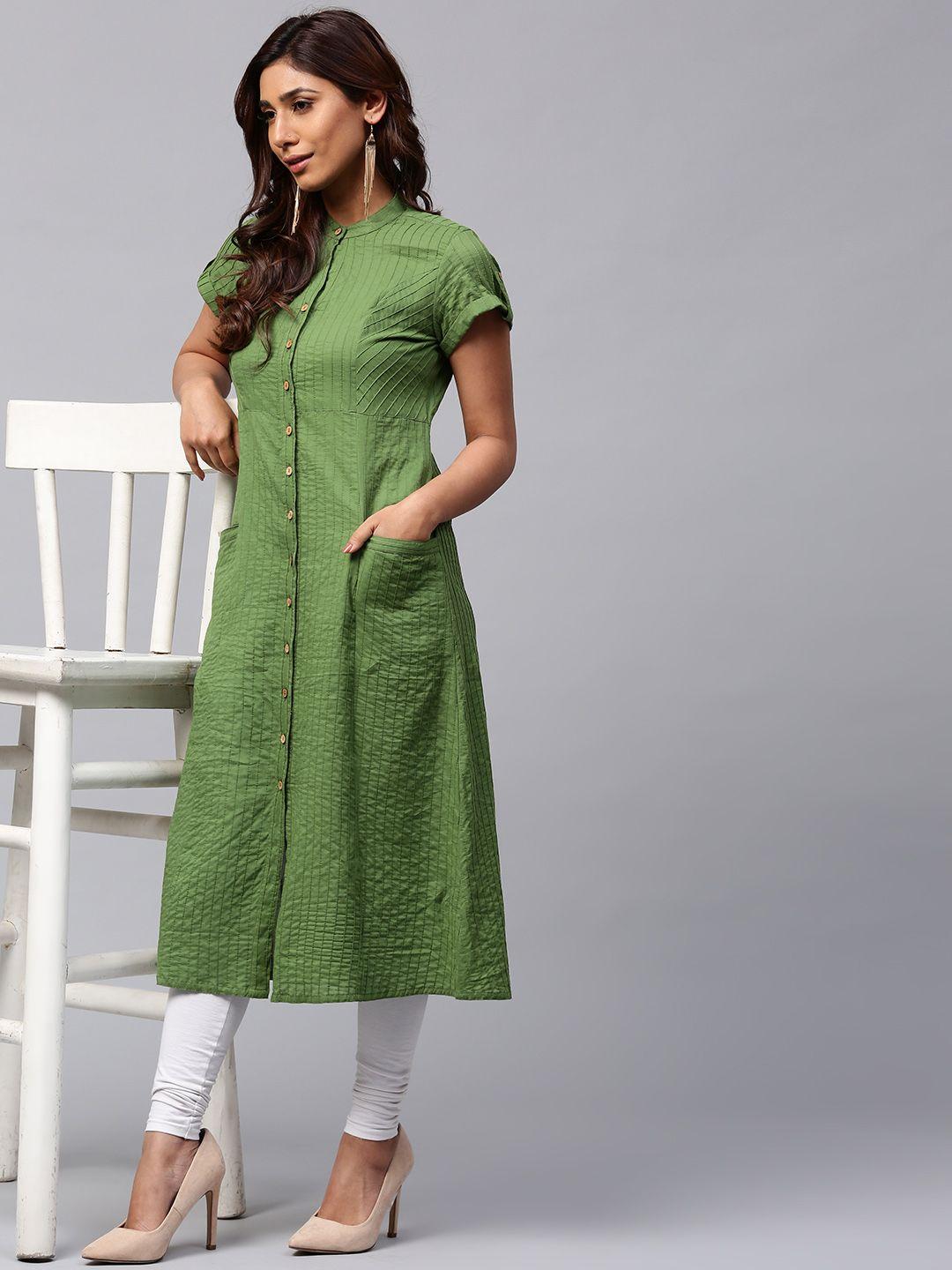 jaipur kurti women green self-striped a-line kurta