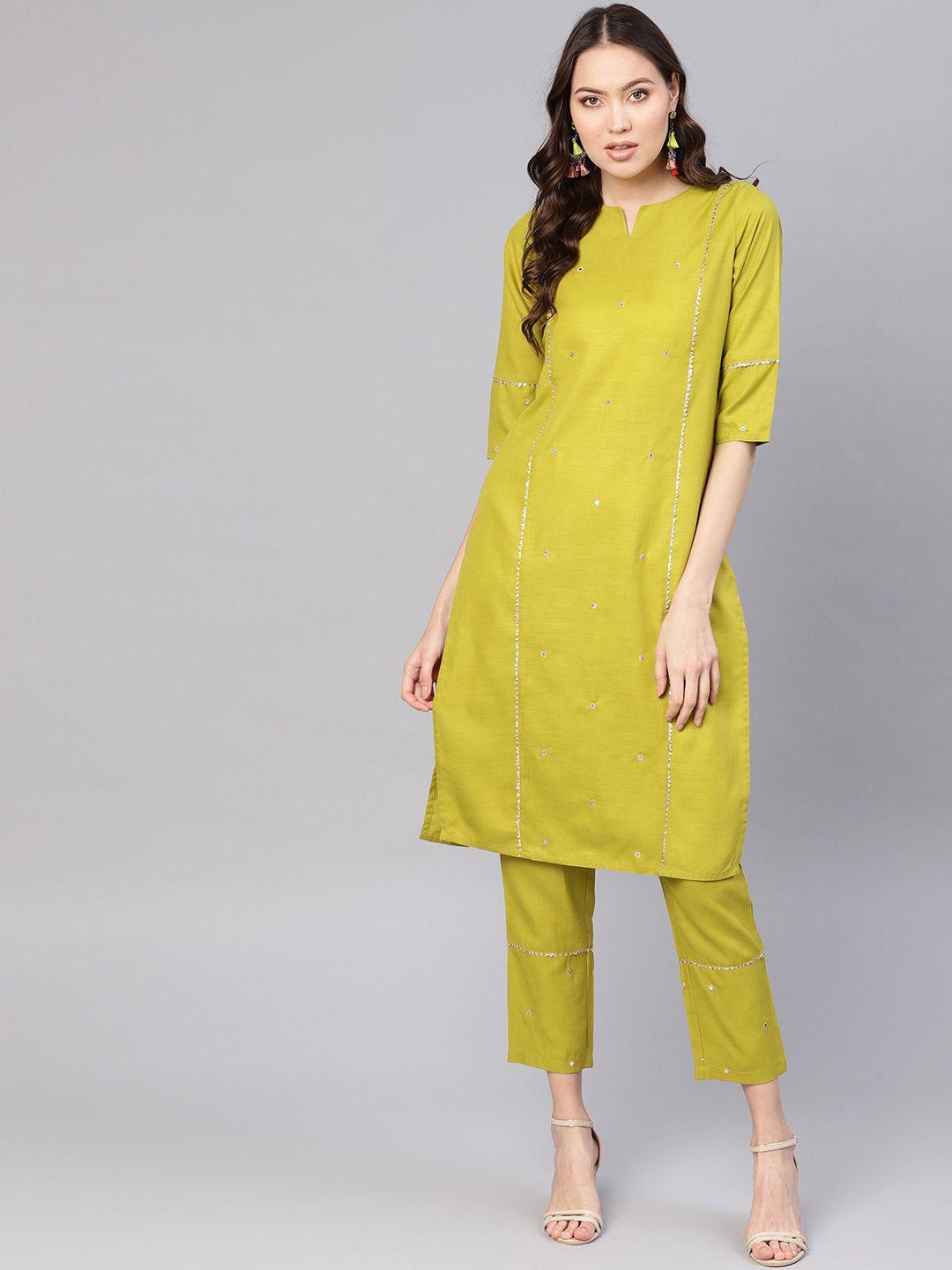 jaipur kurti women green solid kurta with trousers