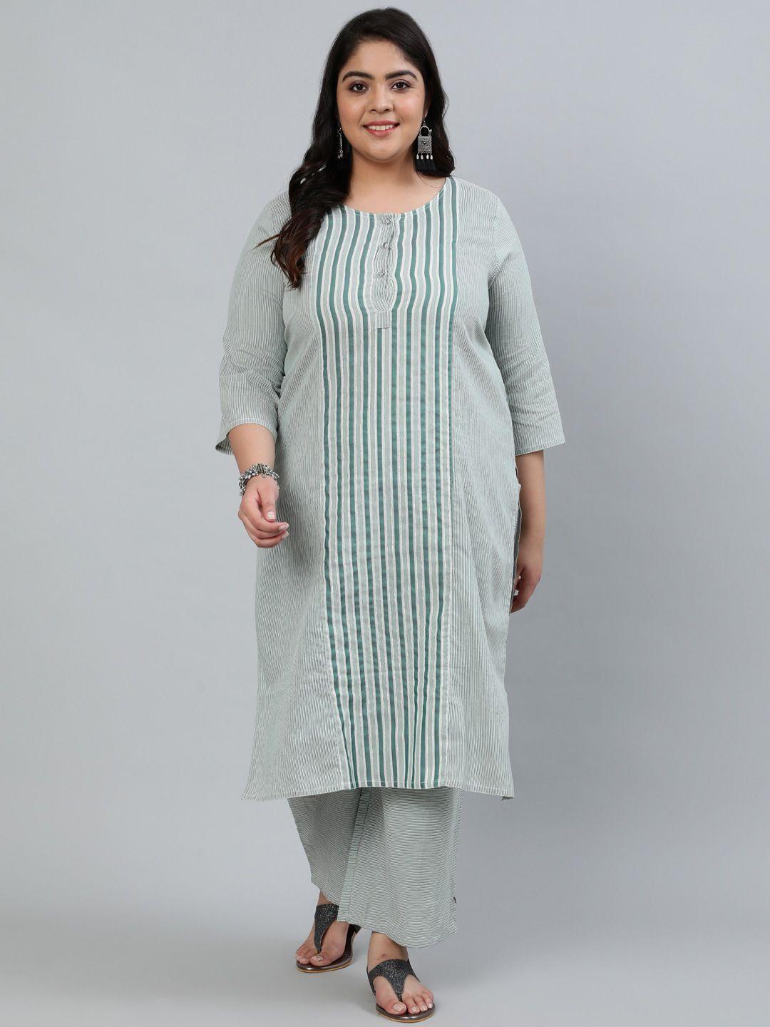 jaipur kurti women green striped straight kurta with palazzos