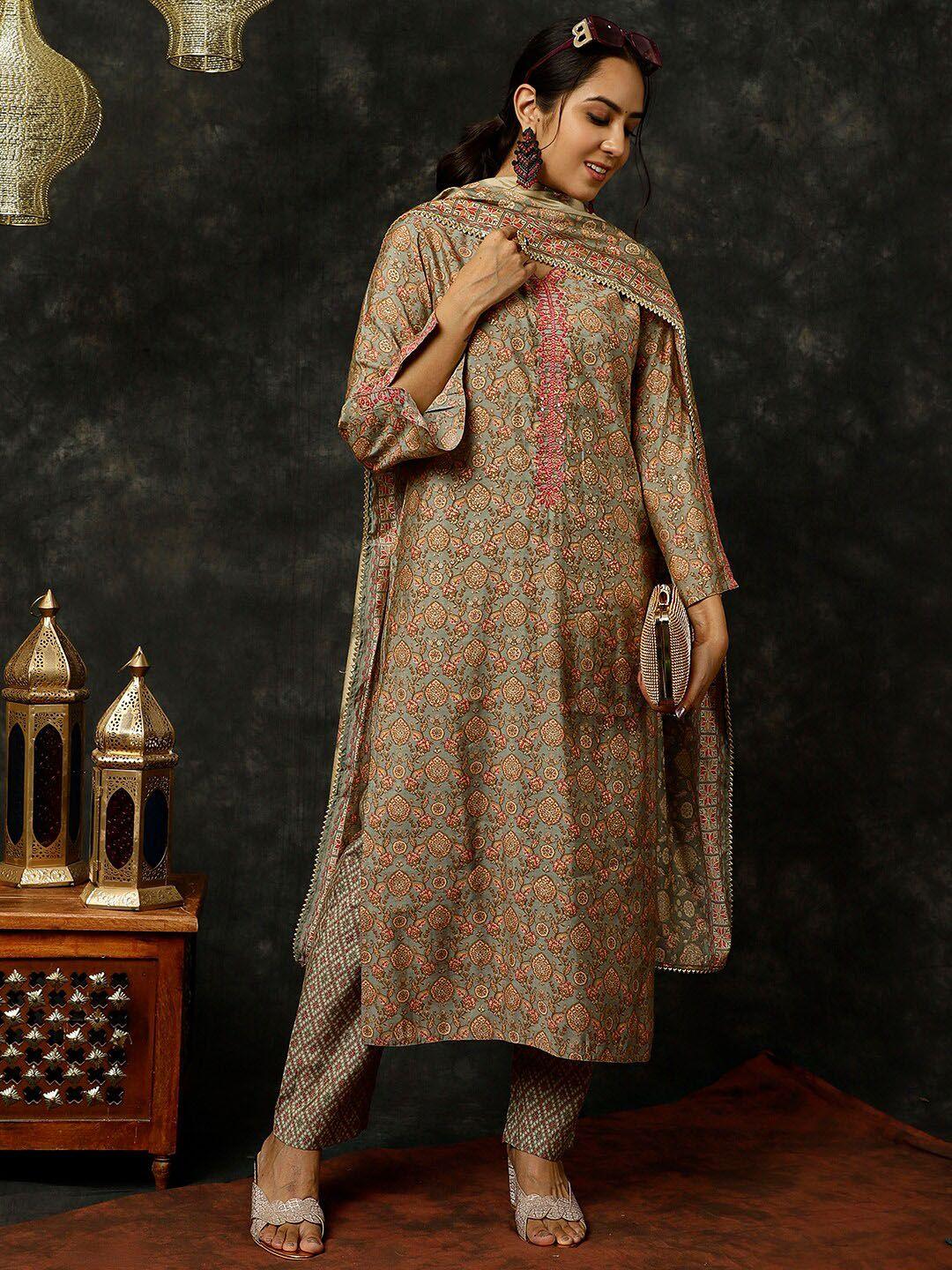 jaipur kurti women grey ethnic motifs printed kurta with trousers & with dupatta