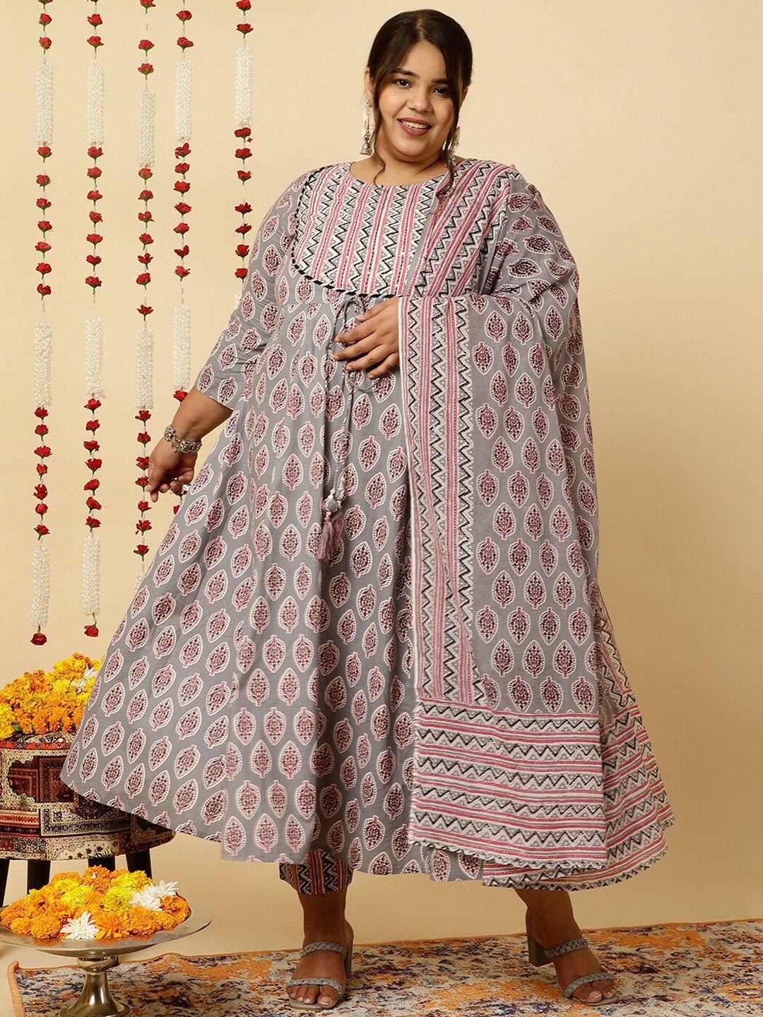 jaipur kurti women grey ethnic motifs printed pure cotton kurta with trousers & with dupatta