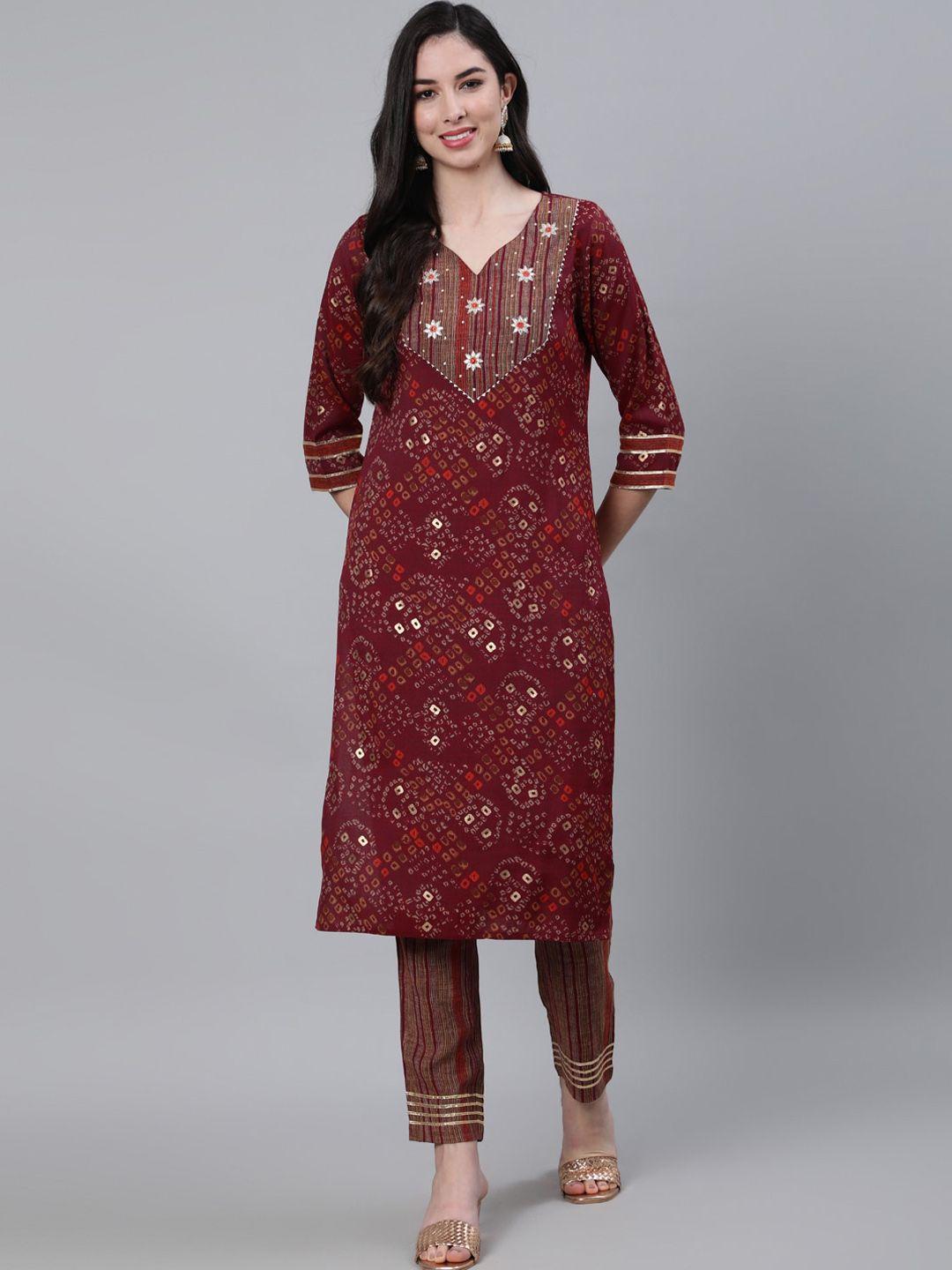 jaipur kurti women maroon & white floral printed straight kurta with trousers