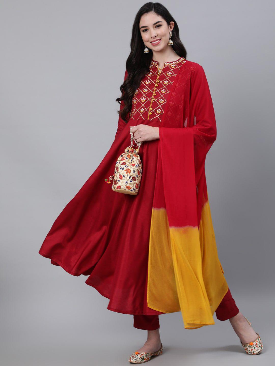 jaipur kurti women maroon ethnic motifs embroidered empire kurta with trousers & with dupatta