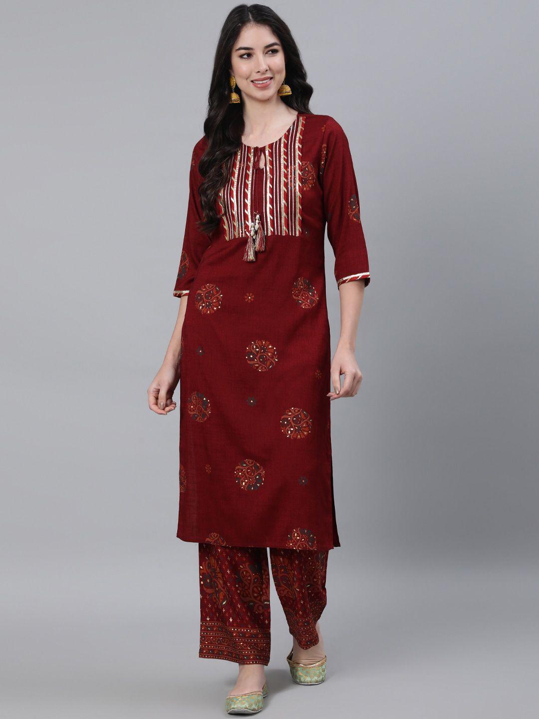 jaipur kurti women maroon ethnic motifs embroidered gotta patti kurta with palazzos