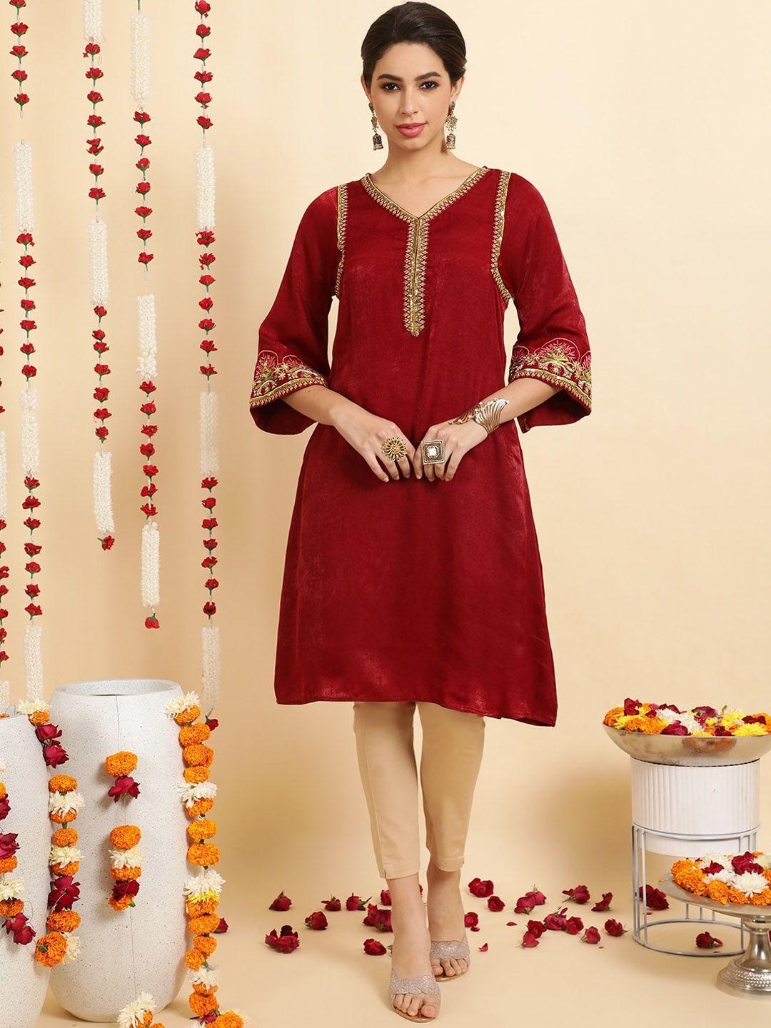 jaipur kurti women maroon zardozi velvet kurta