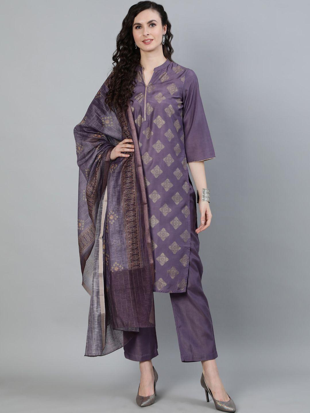 jaipur kurti women mauve printed regular kurta with trousers & with dupatta