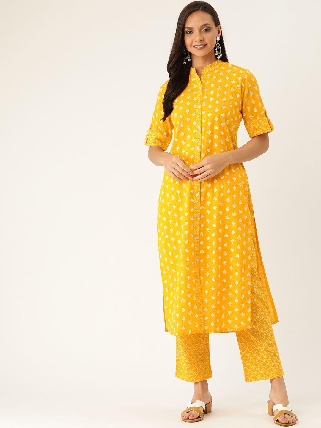jaipur kurti women mustard yellow & white printed kurta with palazzos