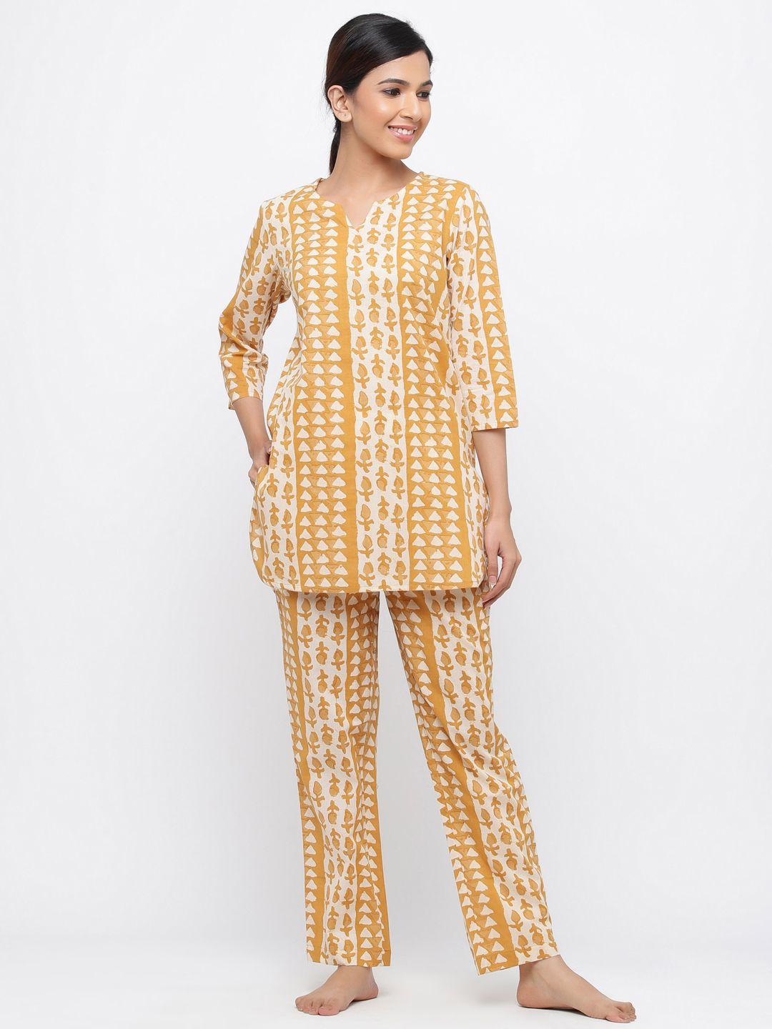 jaipur kurti women mustard yellow & white printed night suit