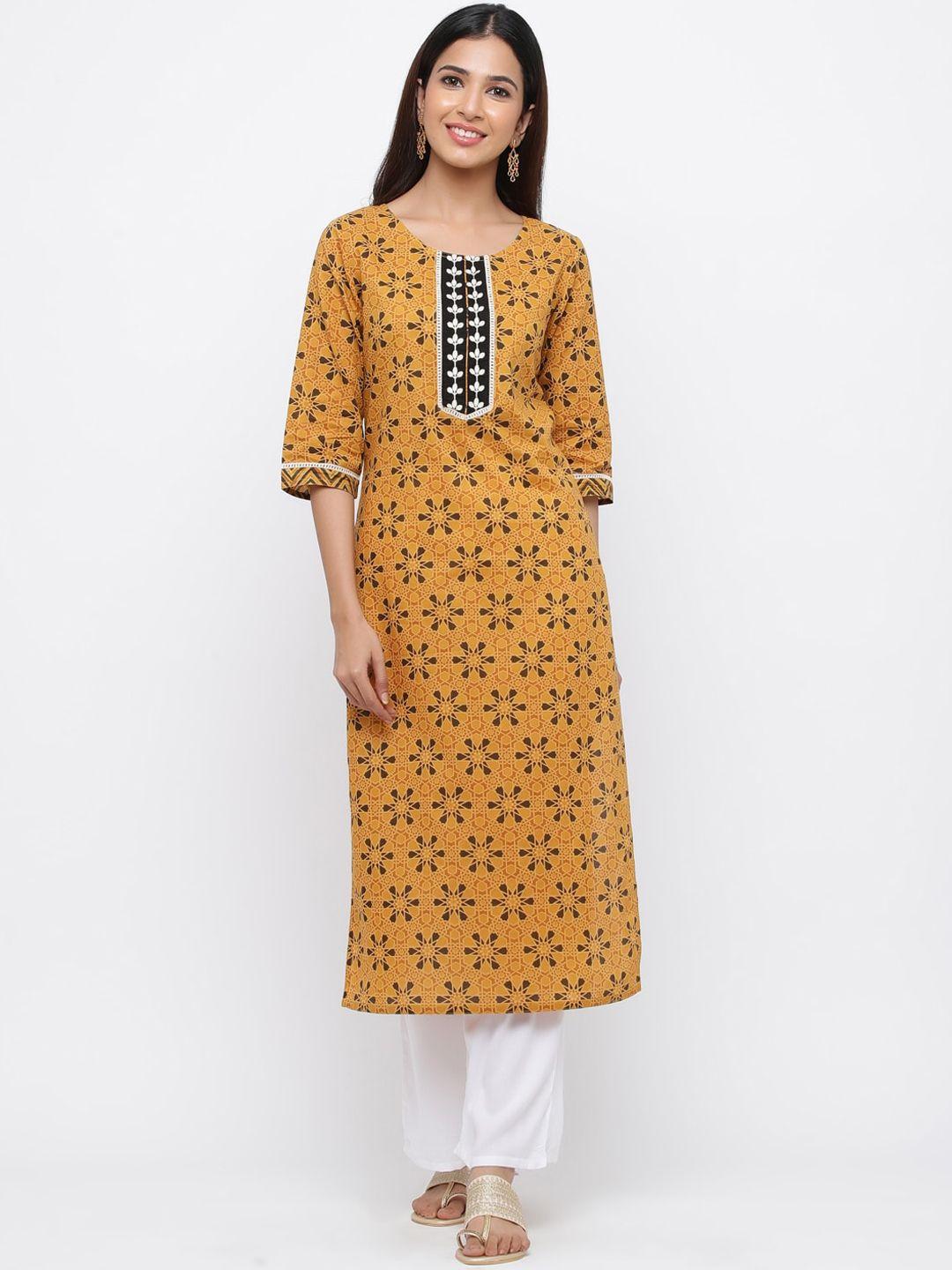 jaipur kurti women mustard yellow ethnic motifs printed cotton kurta