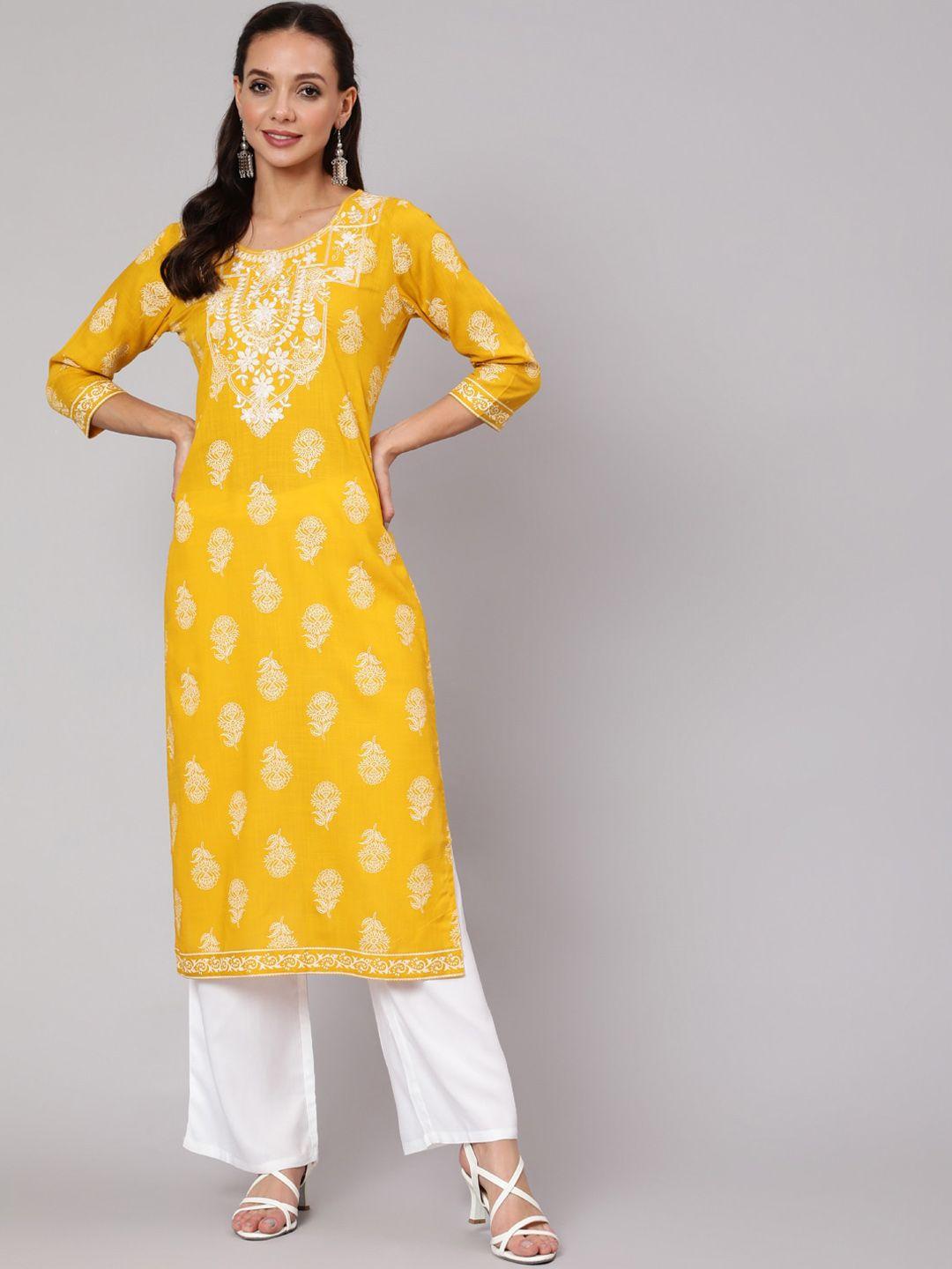 jaipur kurti women mustard yellow ethnic motifs printed kurta with trousers