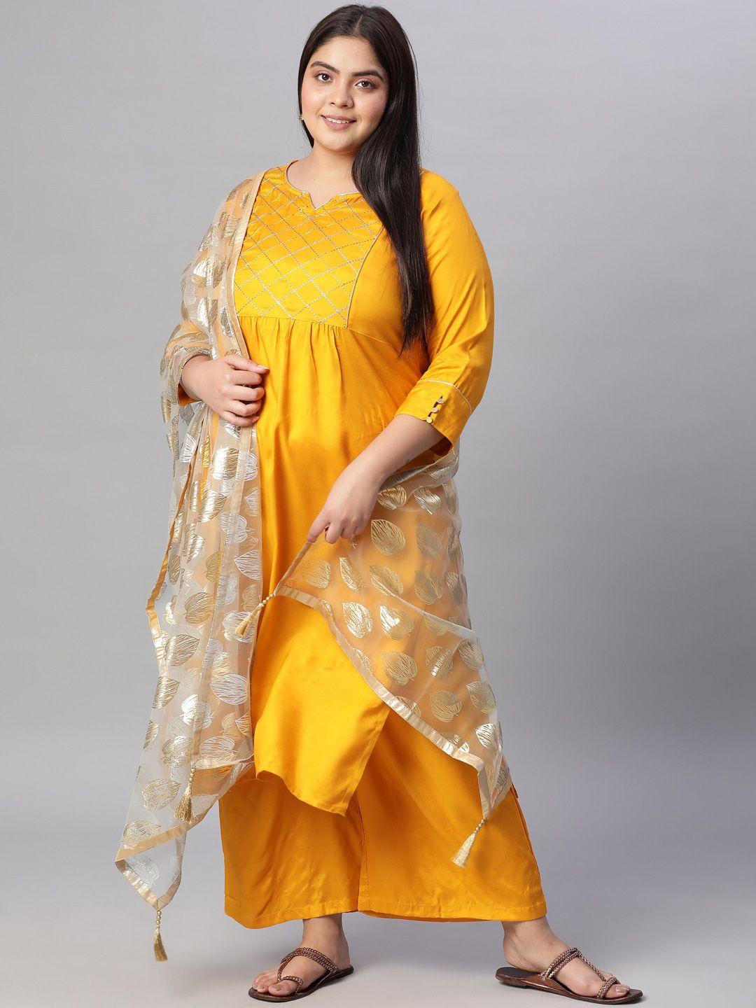 jaipur kurti women mustard yellow ethnic motifs yoke design regular kurta with palazzos & with dupatta